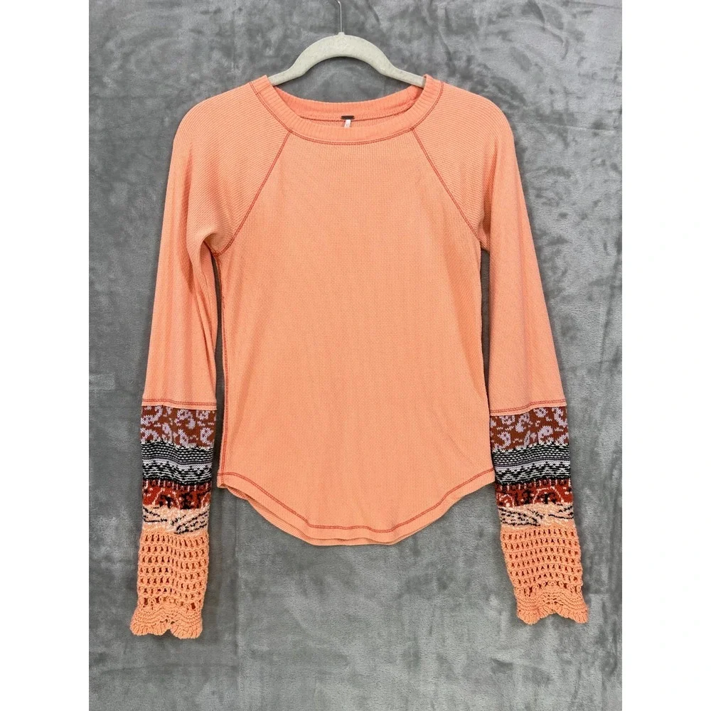 Free People Large In‎ The Mix Desert Orange Crochet Cuff Waffle Knit Thermal Top